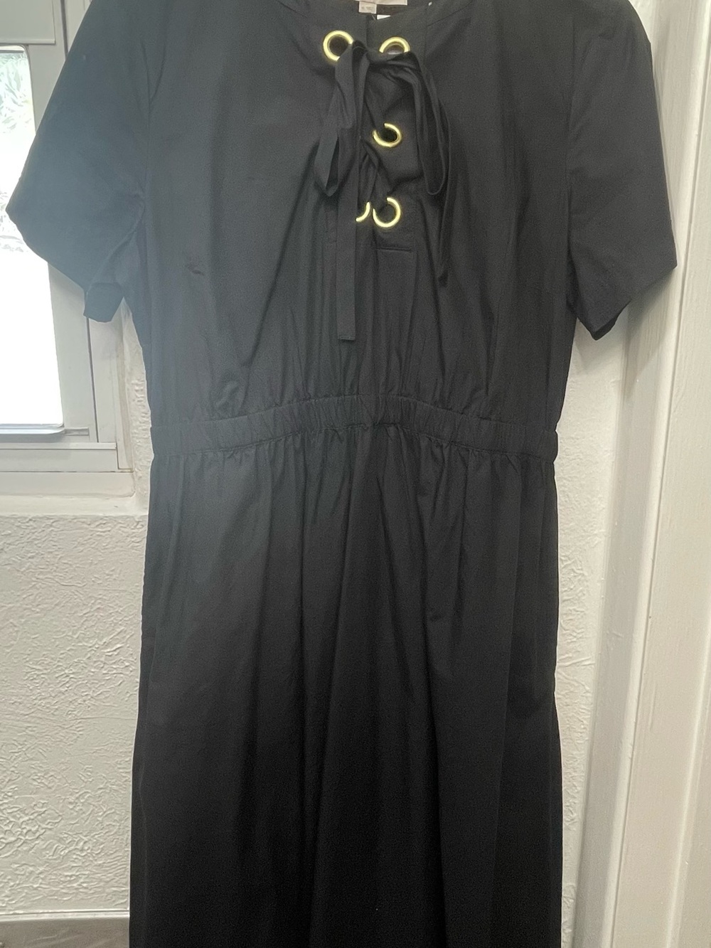 LOFT Black Midi Dress with Gold Eyelet Lace-Up